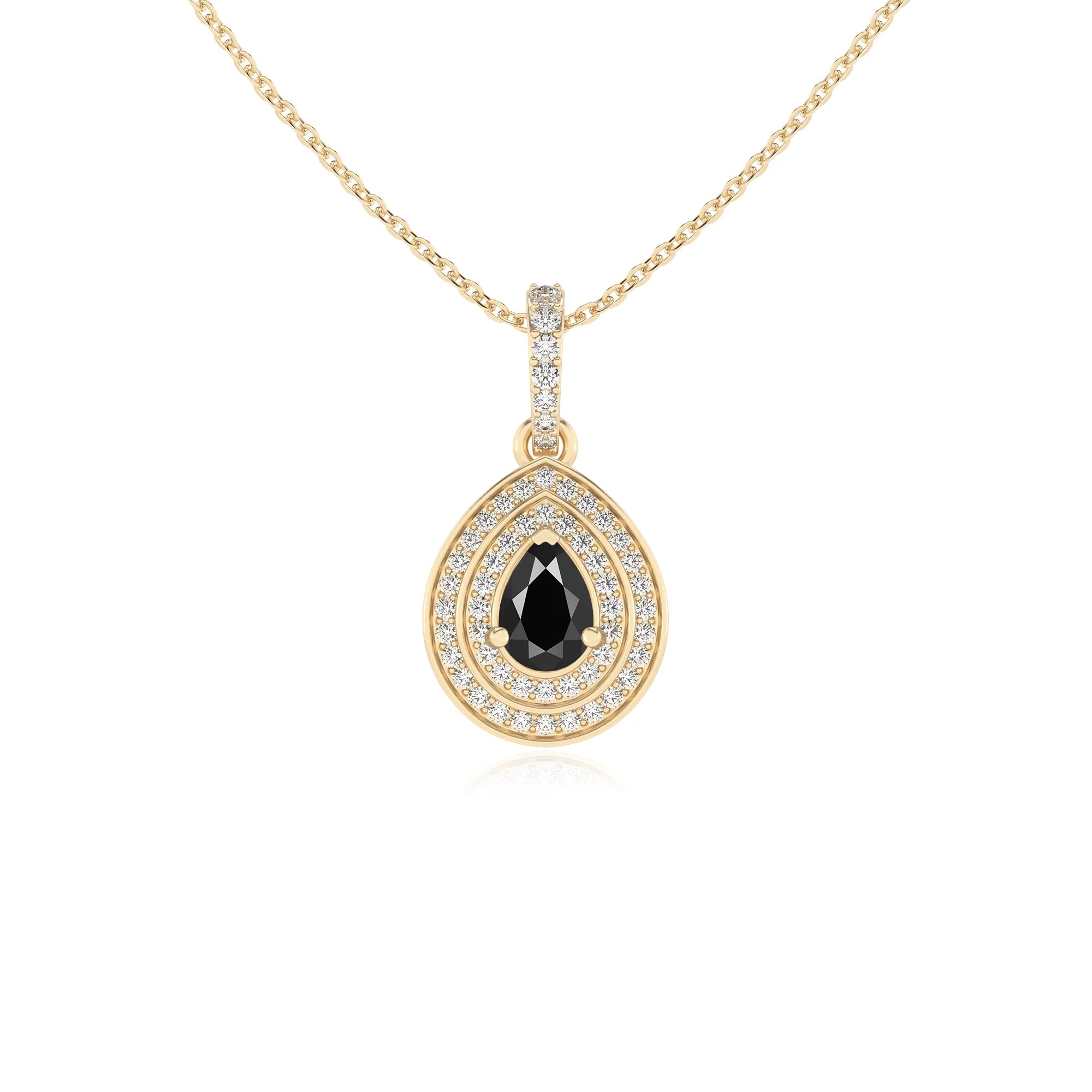 natural black-onyx pear halo necklaces in yellow gold 