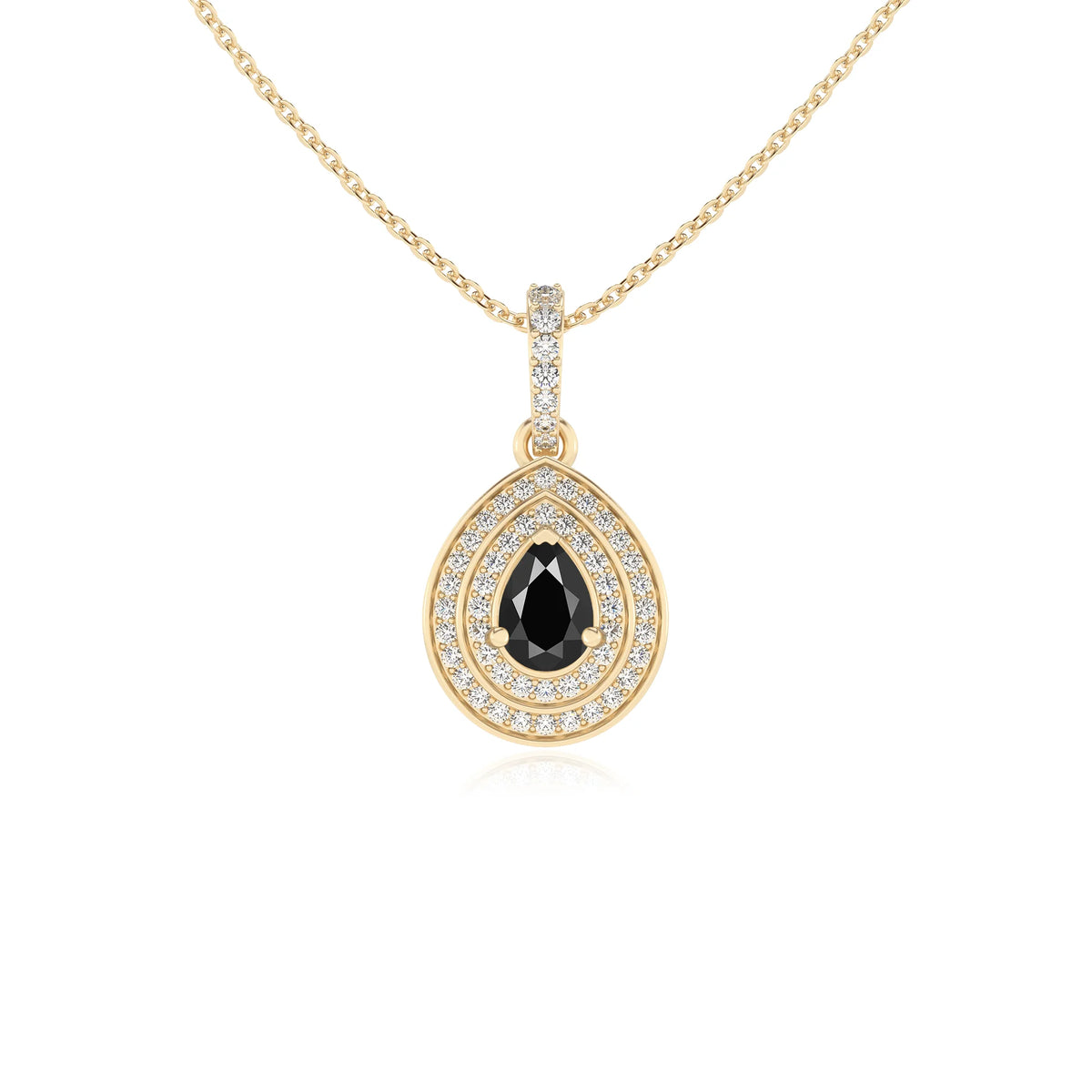 natural black-onyx pear halo necklaces in yellow gold 