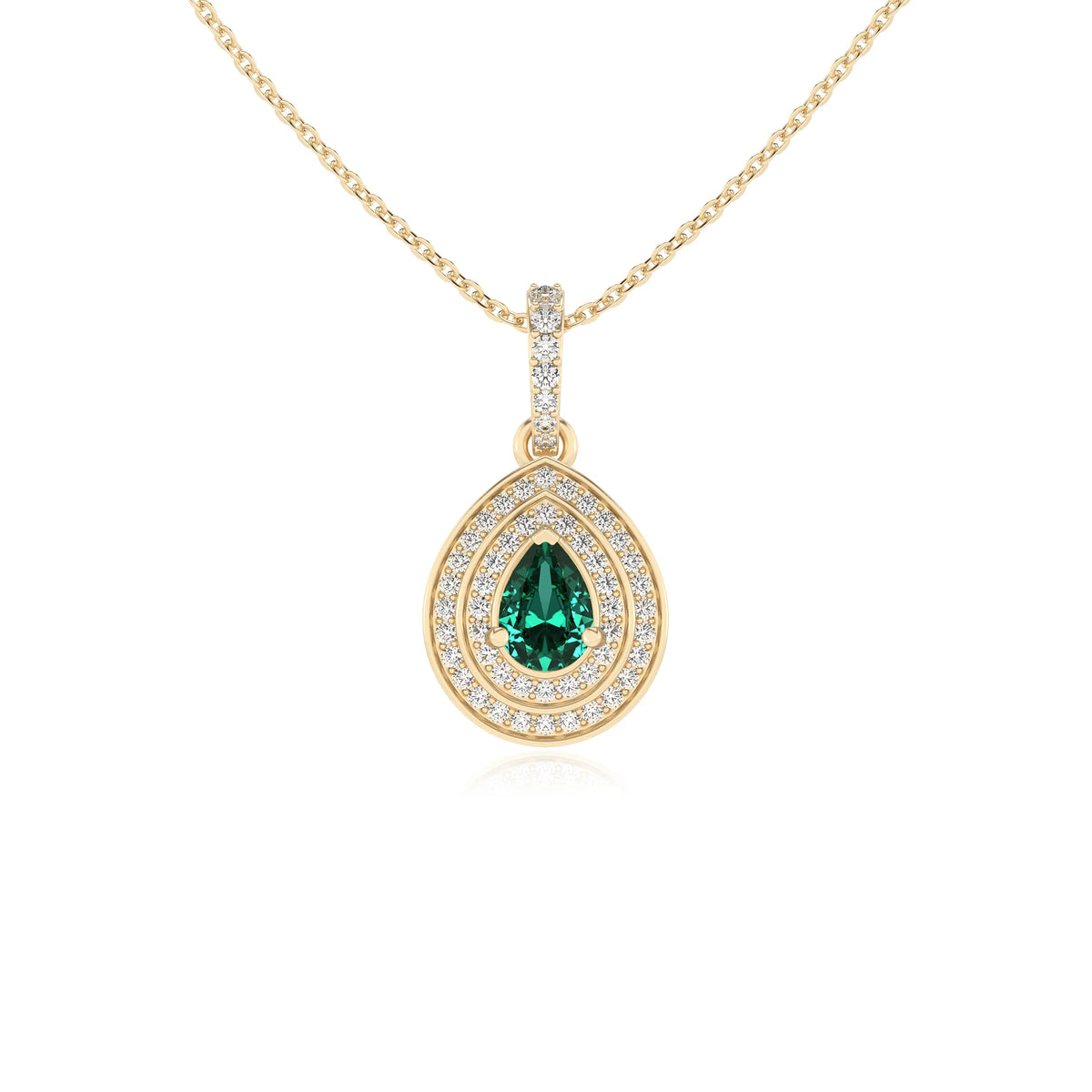 lab grown emerald pear halo necklaces in yellow gold 