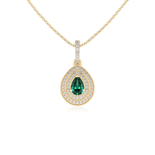 lab grown emerald pear halo necklaces in yellow gold 