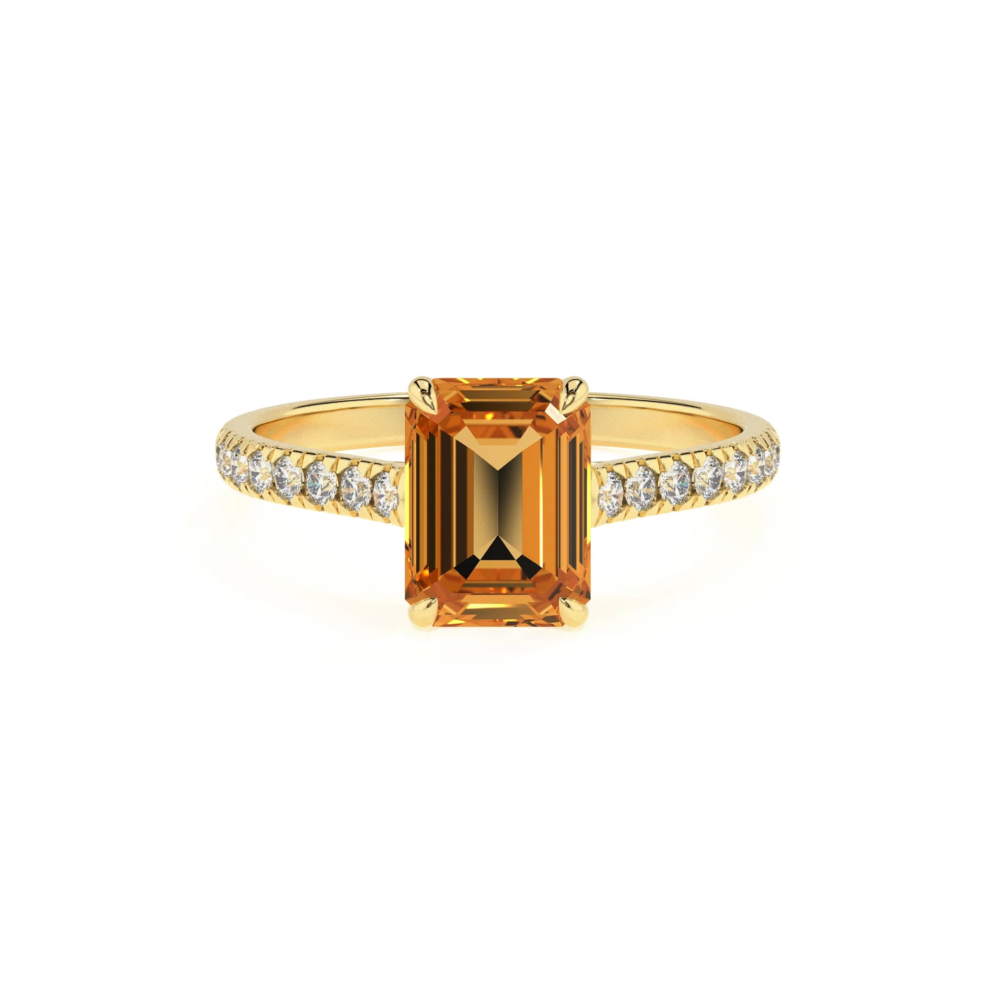 lab grown citrine emerald cut half eternity solitaire engagement rings in yellow gold 