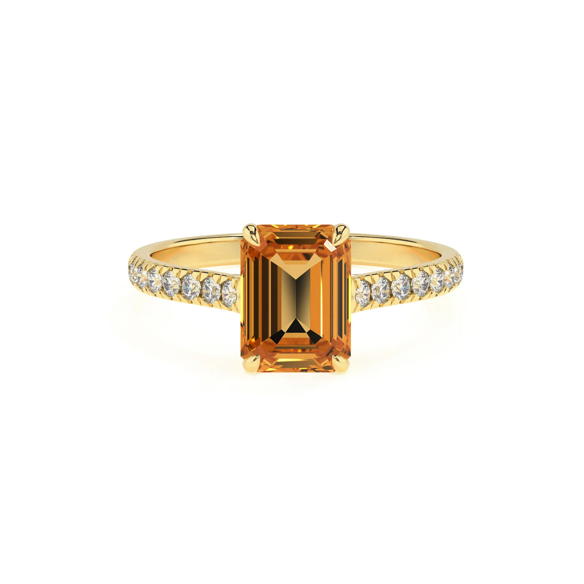 lab grown citrine emerald cut half eternity solitaire engagement rings in yellow gold 
