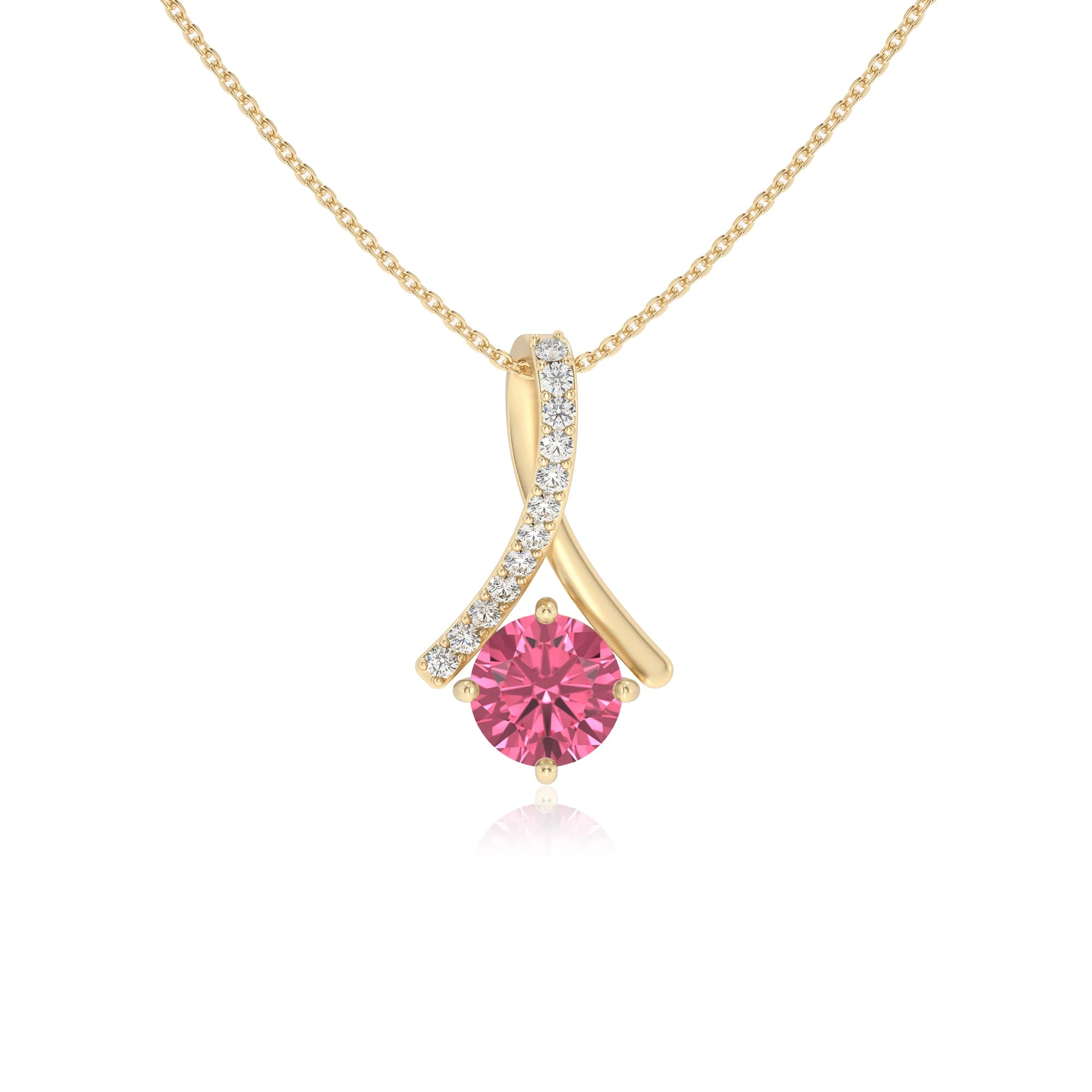 lab grown pink-tourmaline round solitaire necklaces in yellow gold 