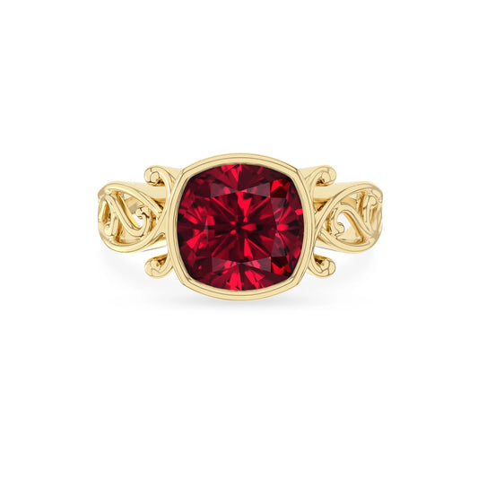 lab grown ruby cushion solitaire rings in yellow gold 