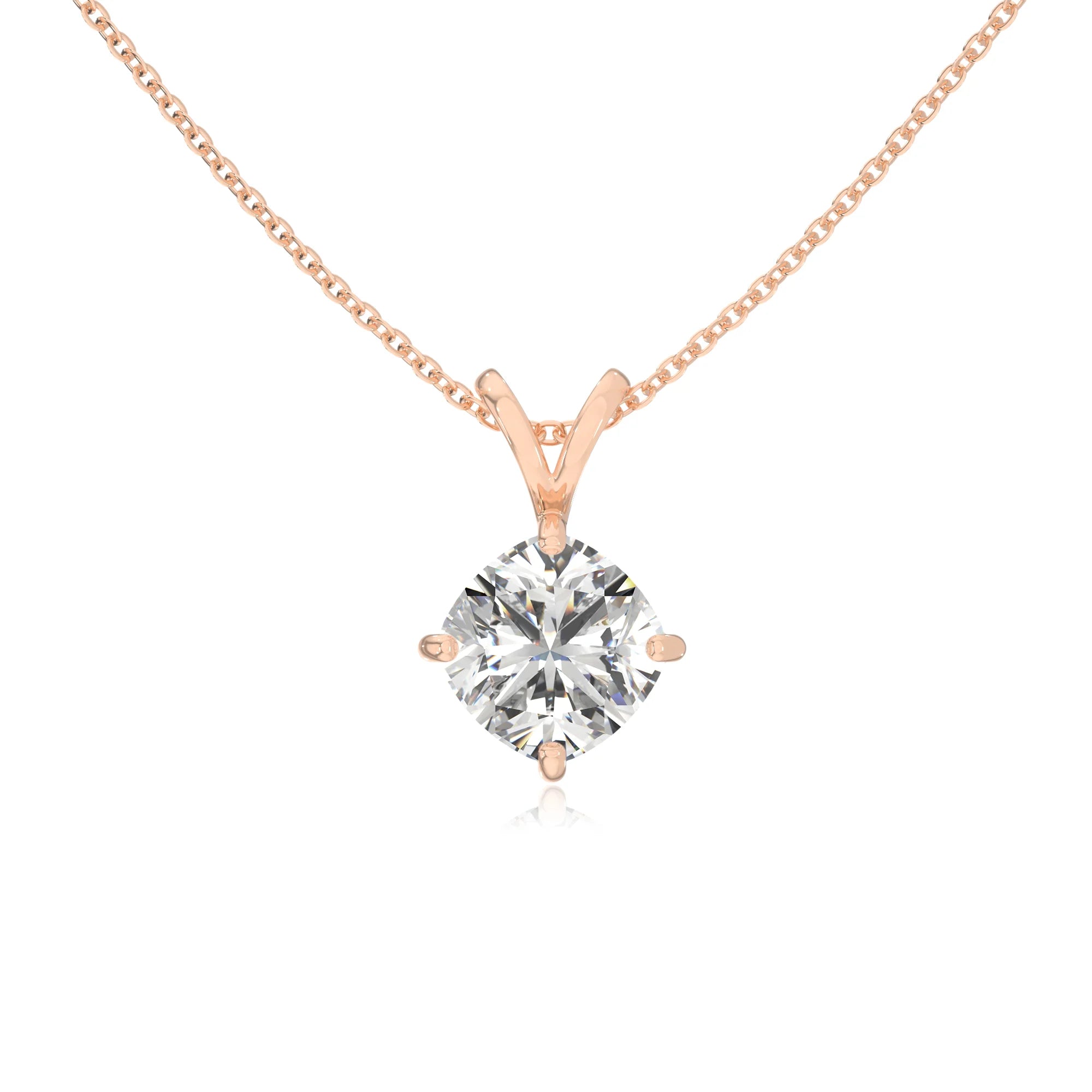 lab grown moissanite cushion solitaire v-bale necklaces in rose gold 