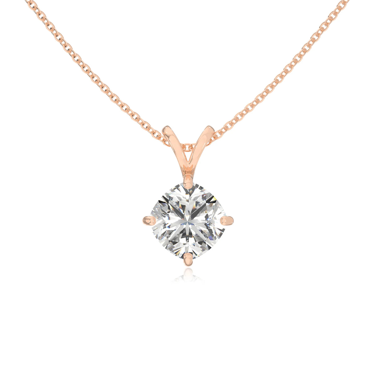lab grown moissanite cushion solitaire v-bale necklaces in rose gold 