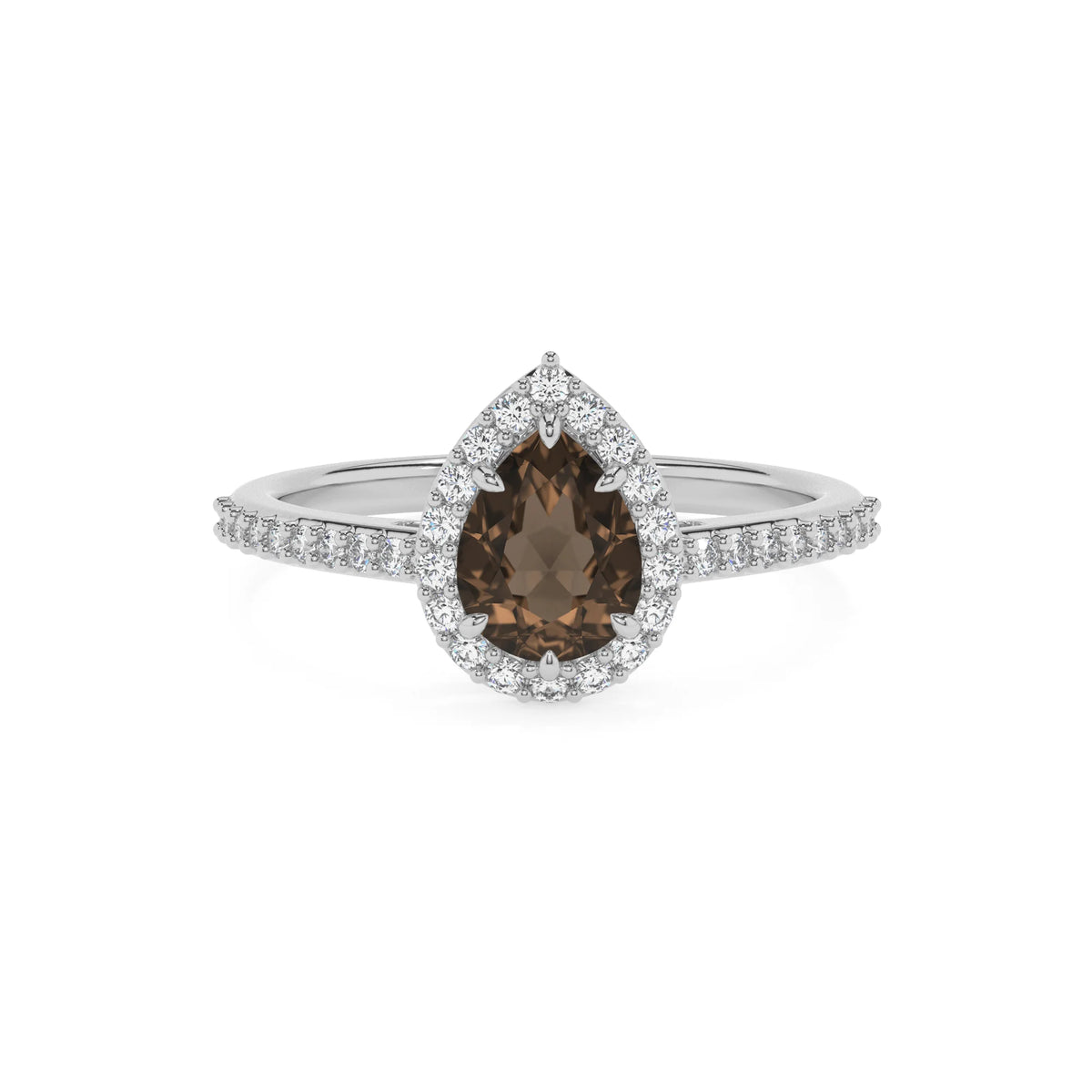 natural smoky-quartz pear solitaire rings in white gold 