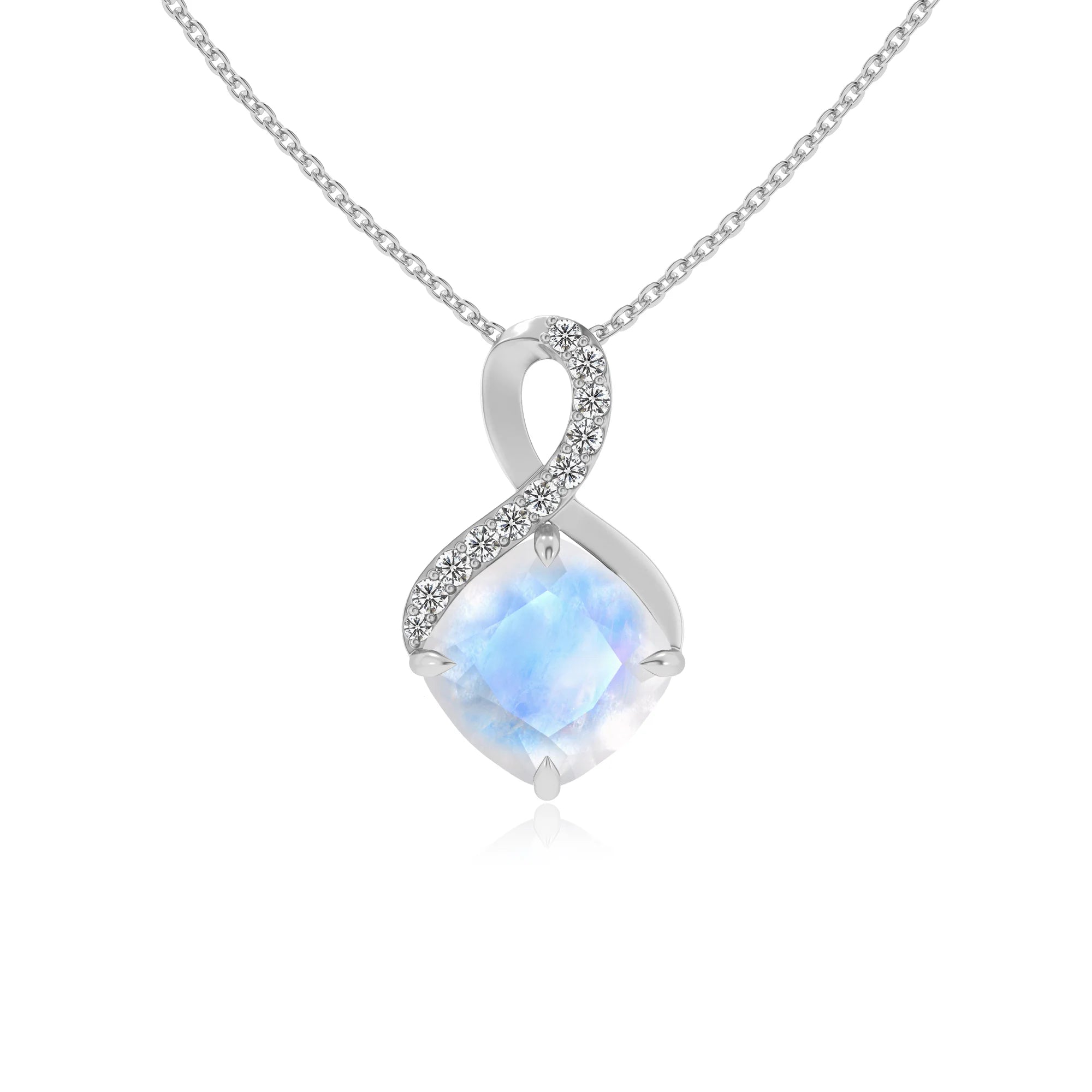 natural rainbow-moonstone cushion infinity necklaces in sterling silver 