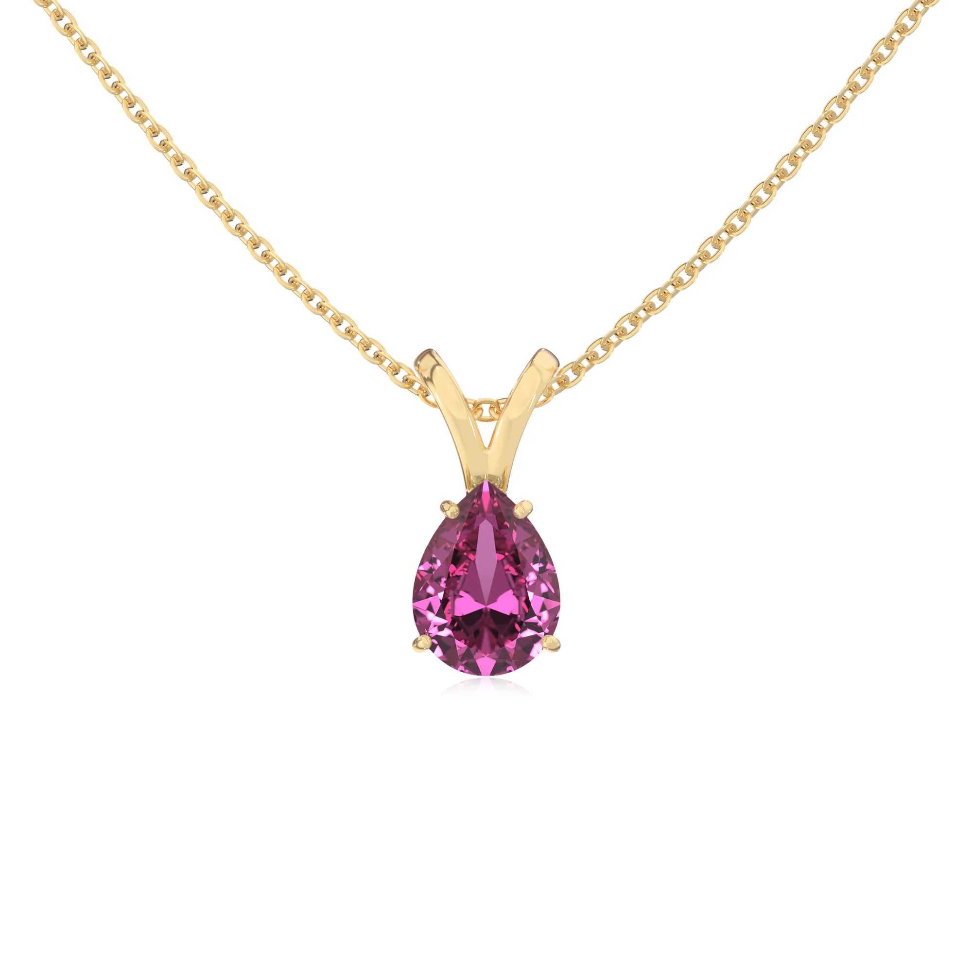 lab grown pink-sapphire pear solitaire v-bale necklaces in yellow gold 