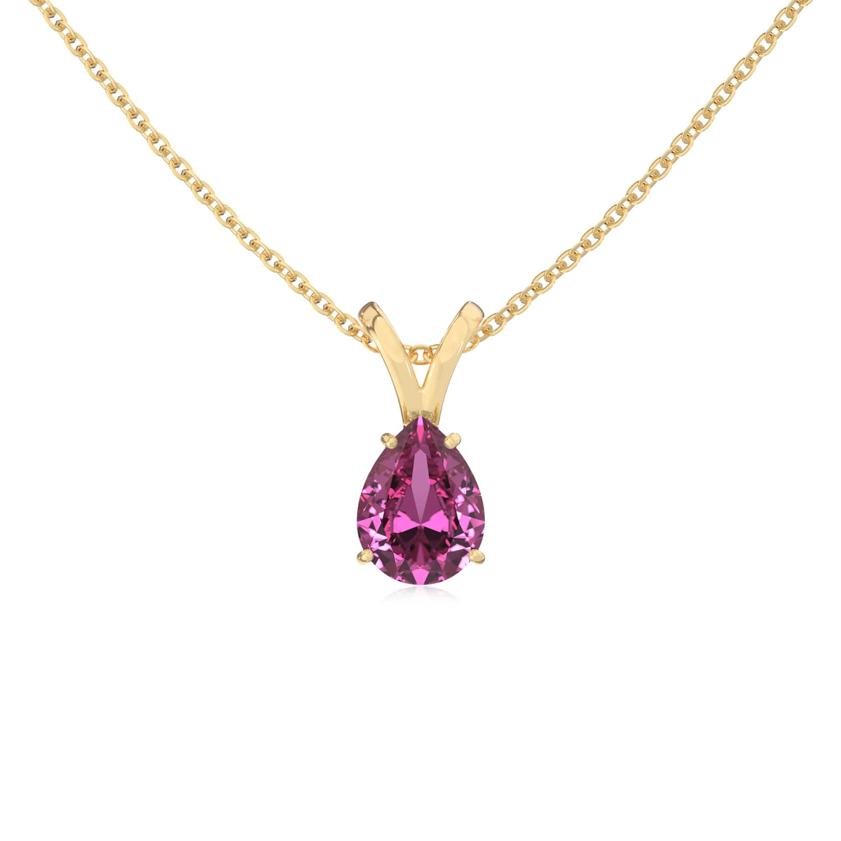 lab grown pink-sapphire pear solitaire v-bale necklaces in yellow gold 