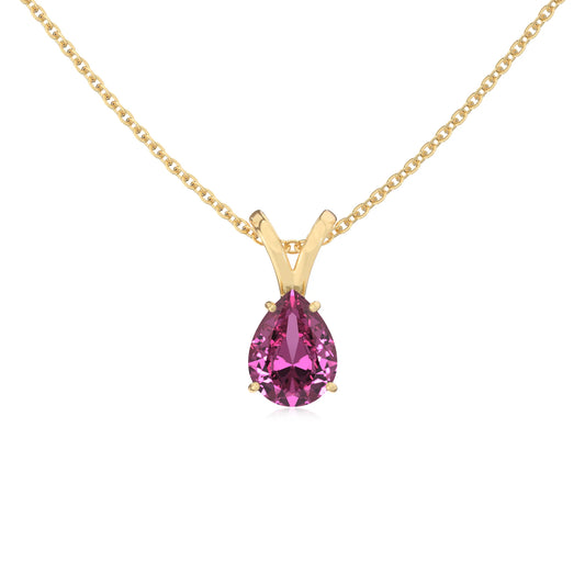 lab grown pink-sapphire pear solitaire v-bale necklaces in yellow gold 