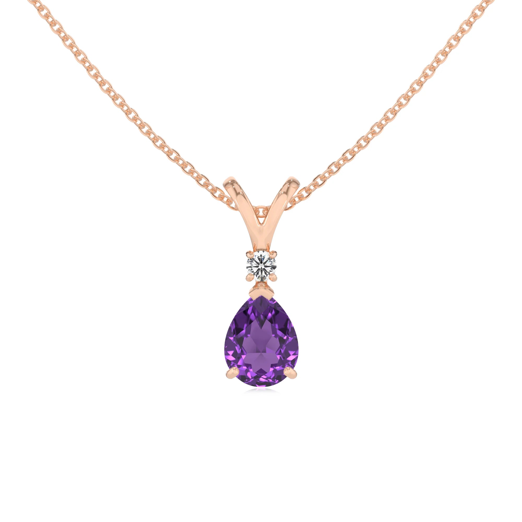 lab grown amethyst pear solitaire v-bale necklaces in rose gold 