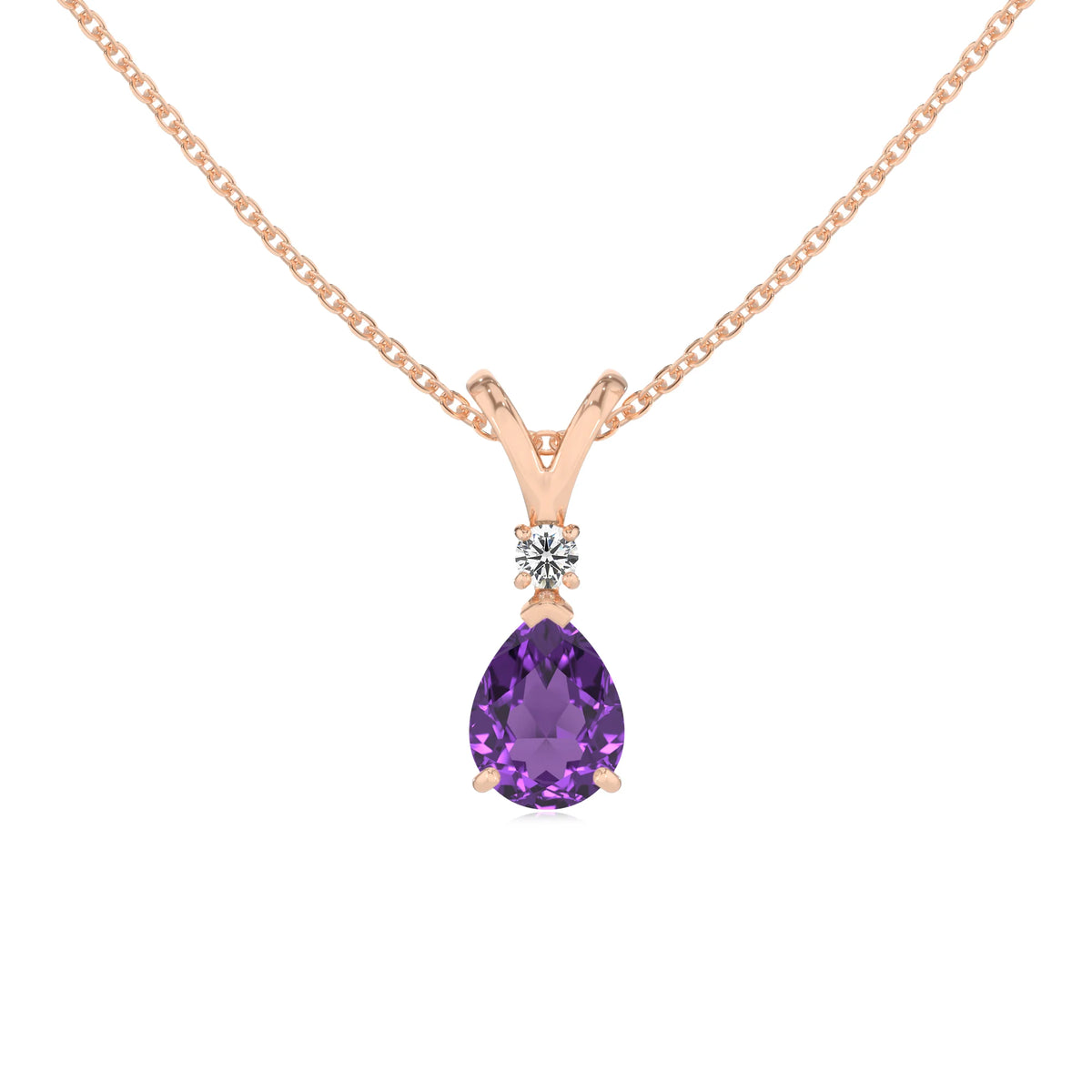 lab grown amethyst pear solitaire v-bale necklaces in rose gold 