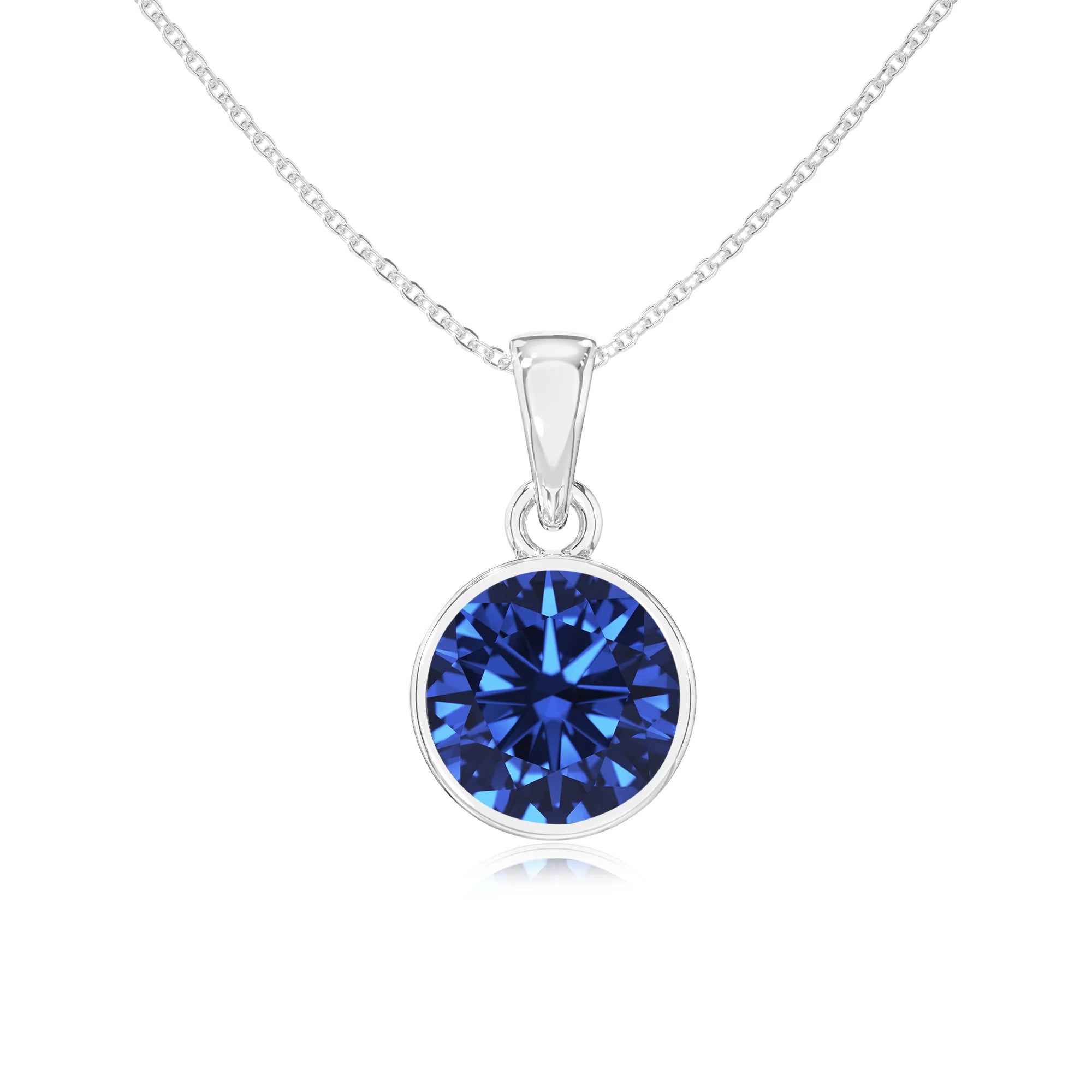 lab grown blue-sapphire round solitaire necklaces in sterling silver 