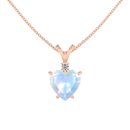 natural rainbow-moonstone heart solitaire v-bale necklaces in rose gold 