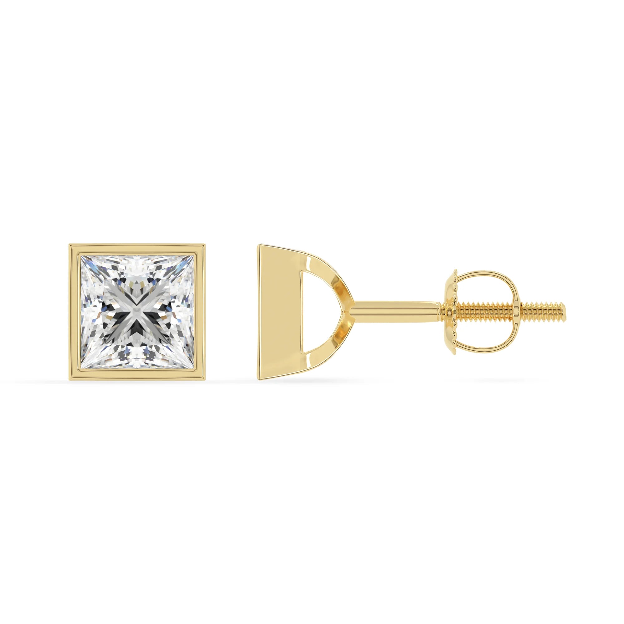 lab grown moissanite princess stud earrings in yellow gold 