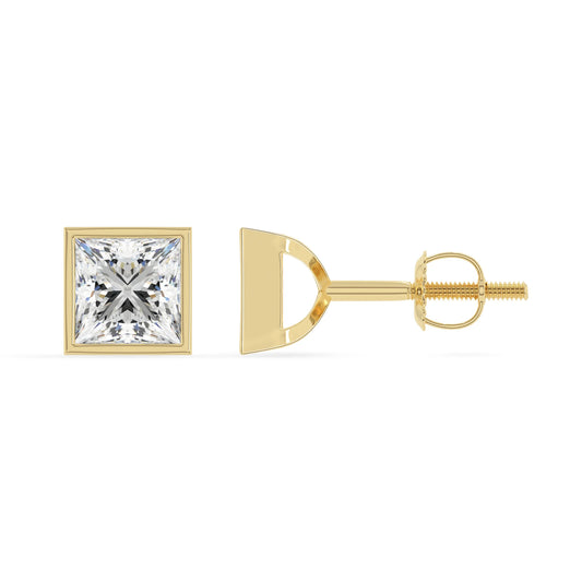 lab grown moissanite princess stud earrings in yellow gold 