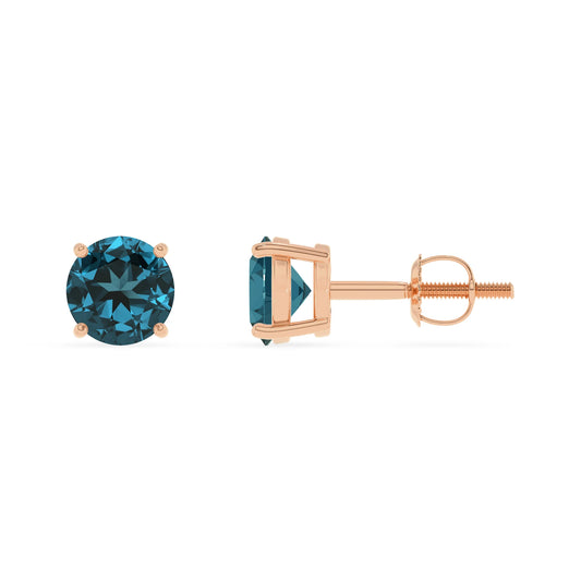 natural london blue topaz round stud earrings in rose gold 
