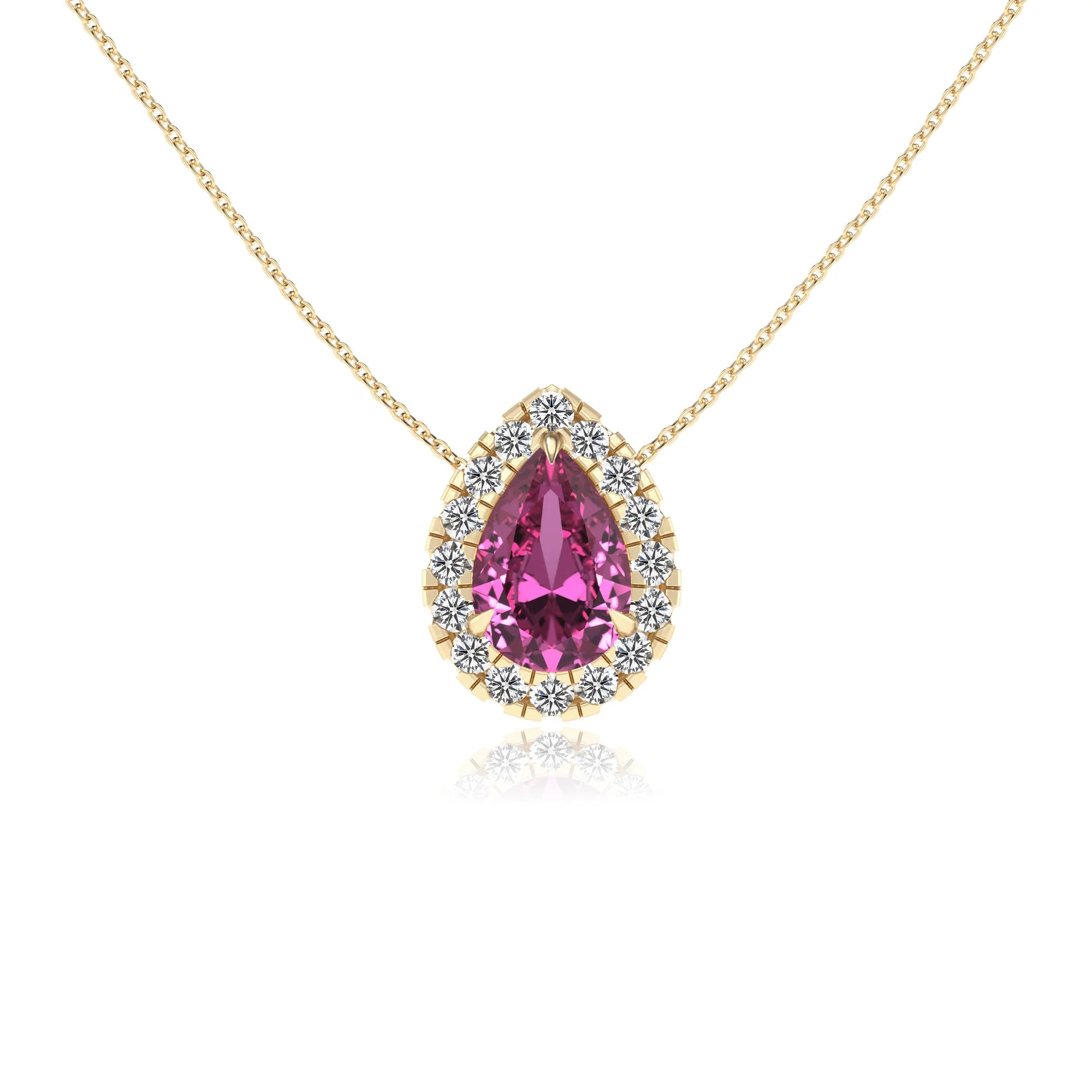 lab grown pink sapphire pear solitaire necklaces in yellow gold 