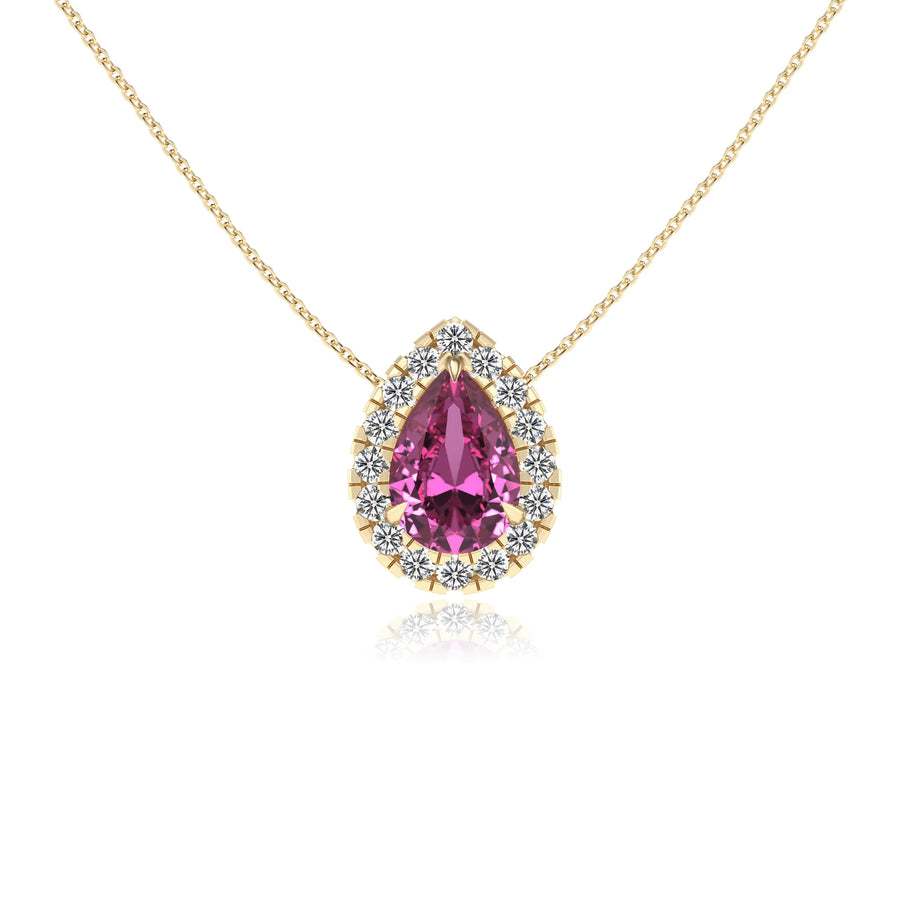 lab grown pink sapphire pear solitaire necklaces in yellow gold 