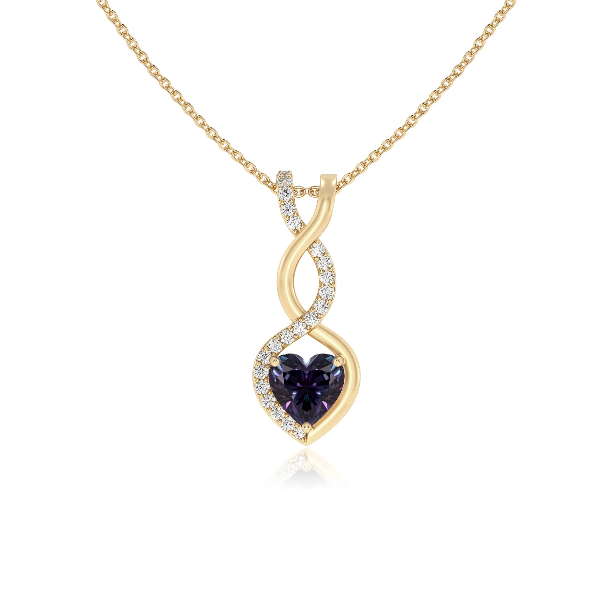 lab grown alexandrite heart infinity necklaces in yellow gold 