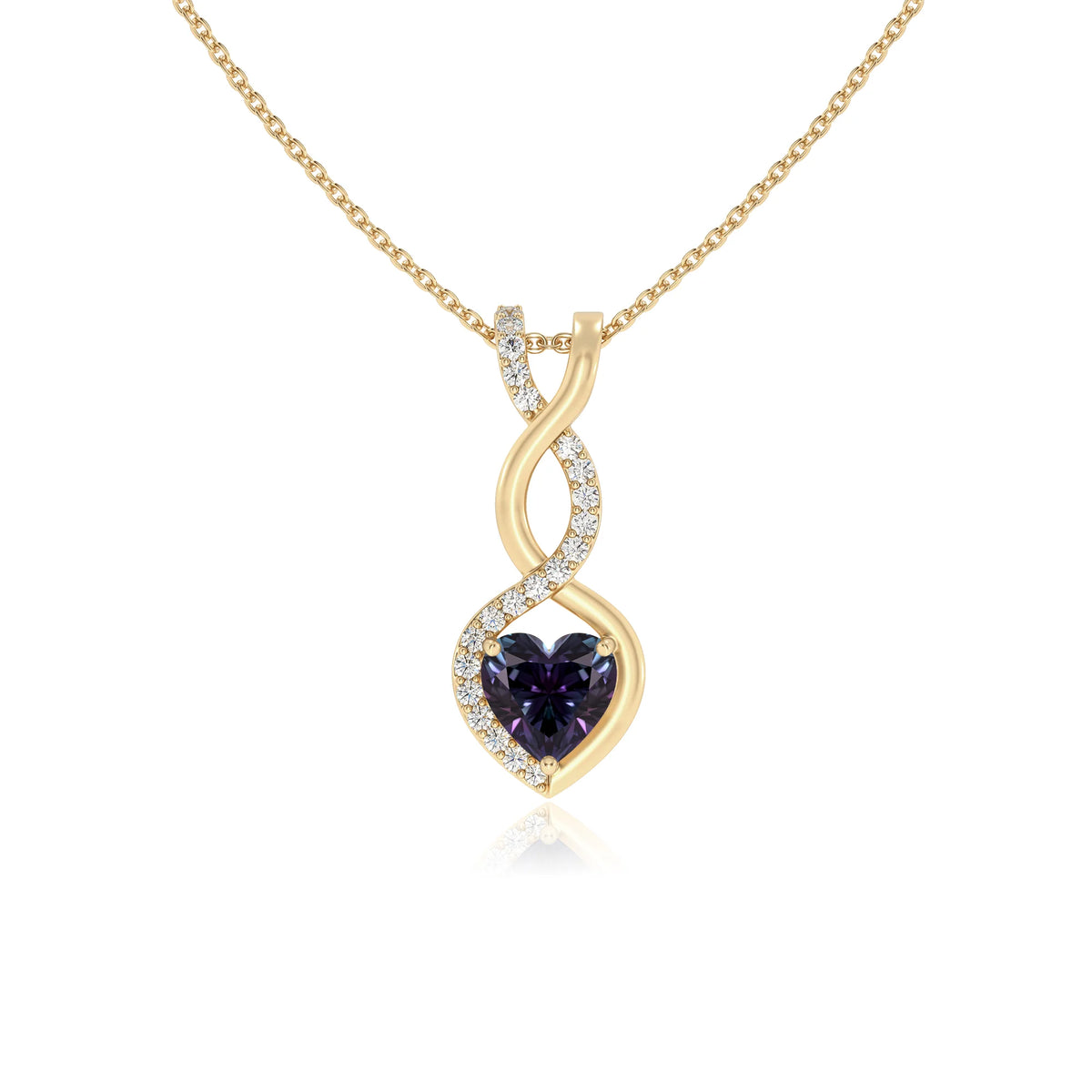 lab grown alexandrite heart infinity necklaces in yellow gold 
