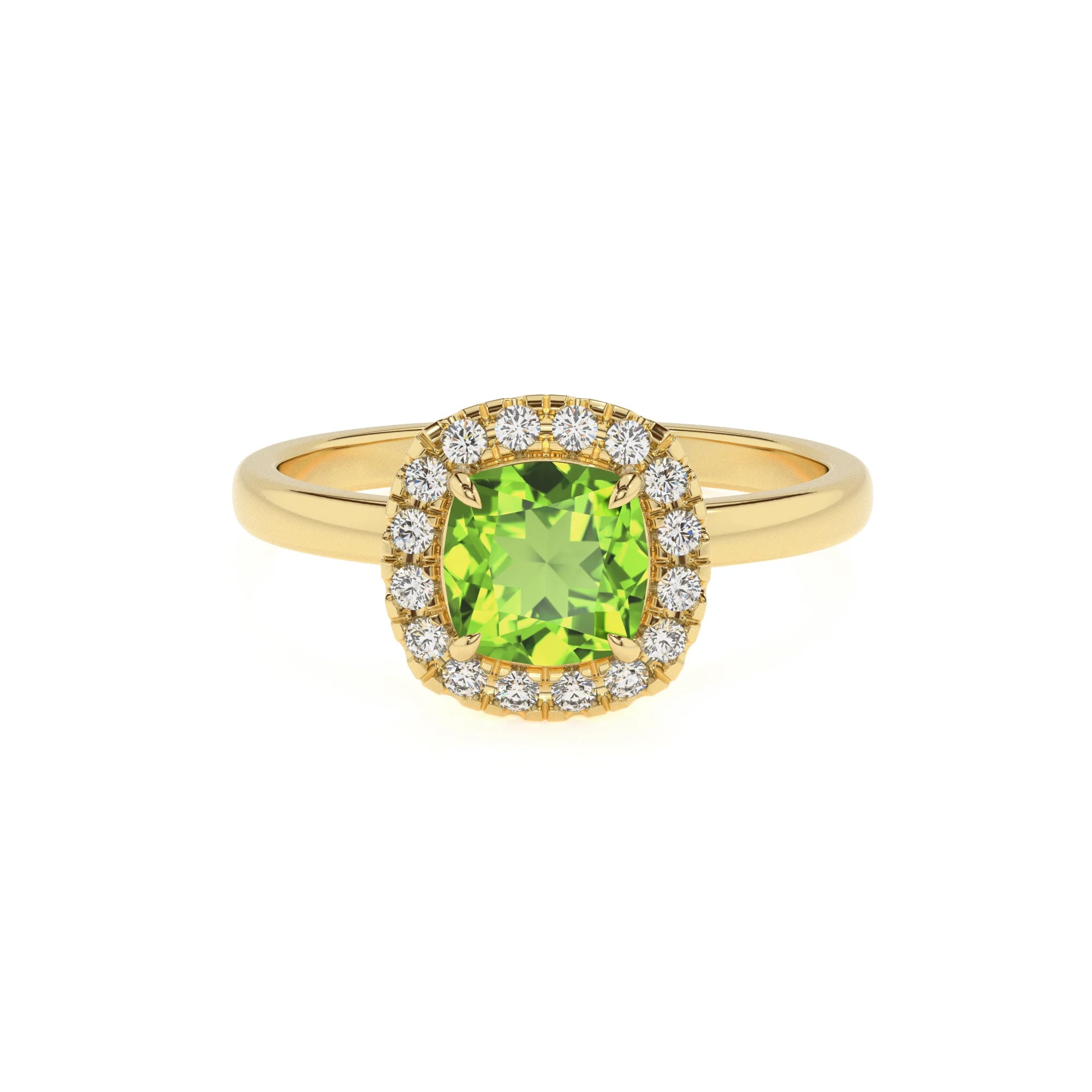 natural peridot cushion solitaire rings in yellow gold 