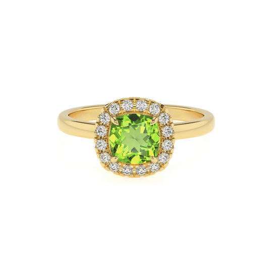 natural peridot cushion solitaire rings in yellow gold 