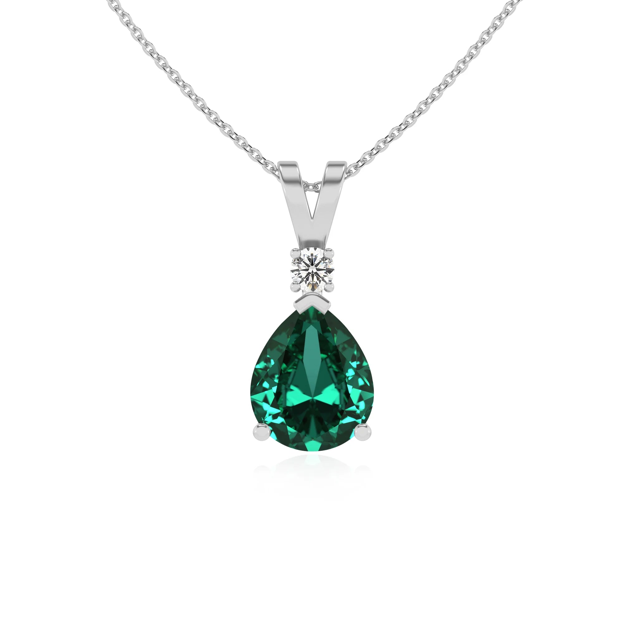 lab grown emerald pear solitaire v-bale necklaces in platinum 