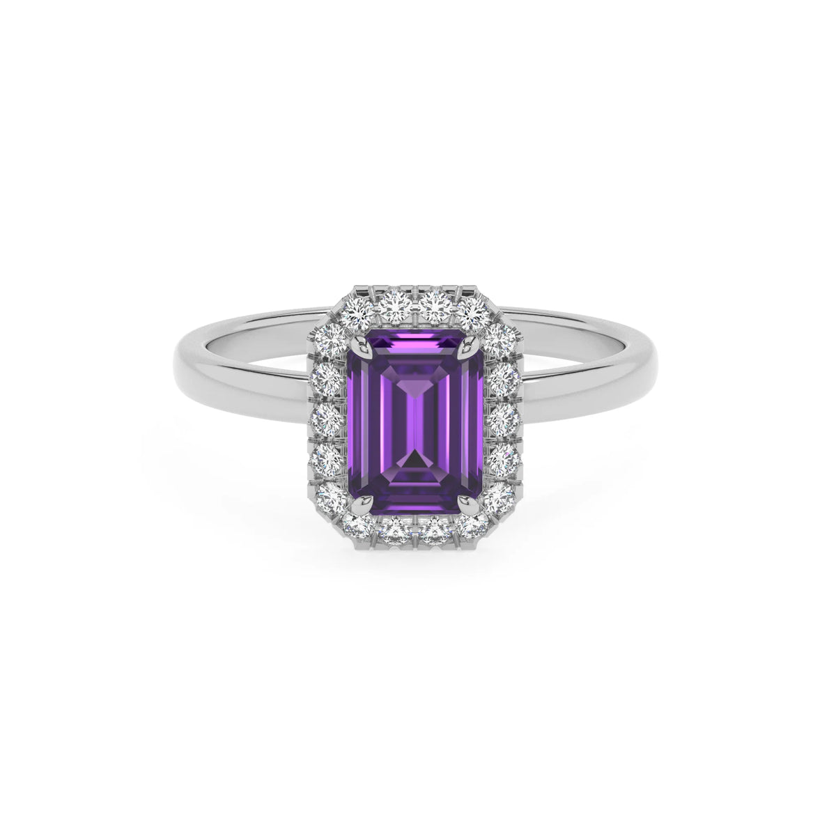 lab grown amethyst emerald cut solitaire rings in white gold 
