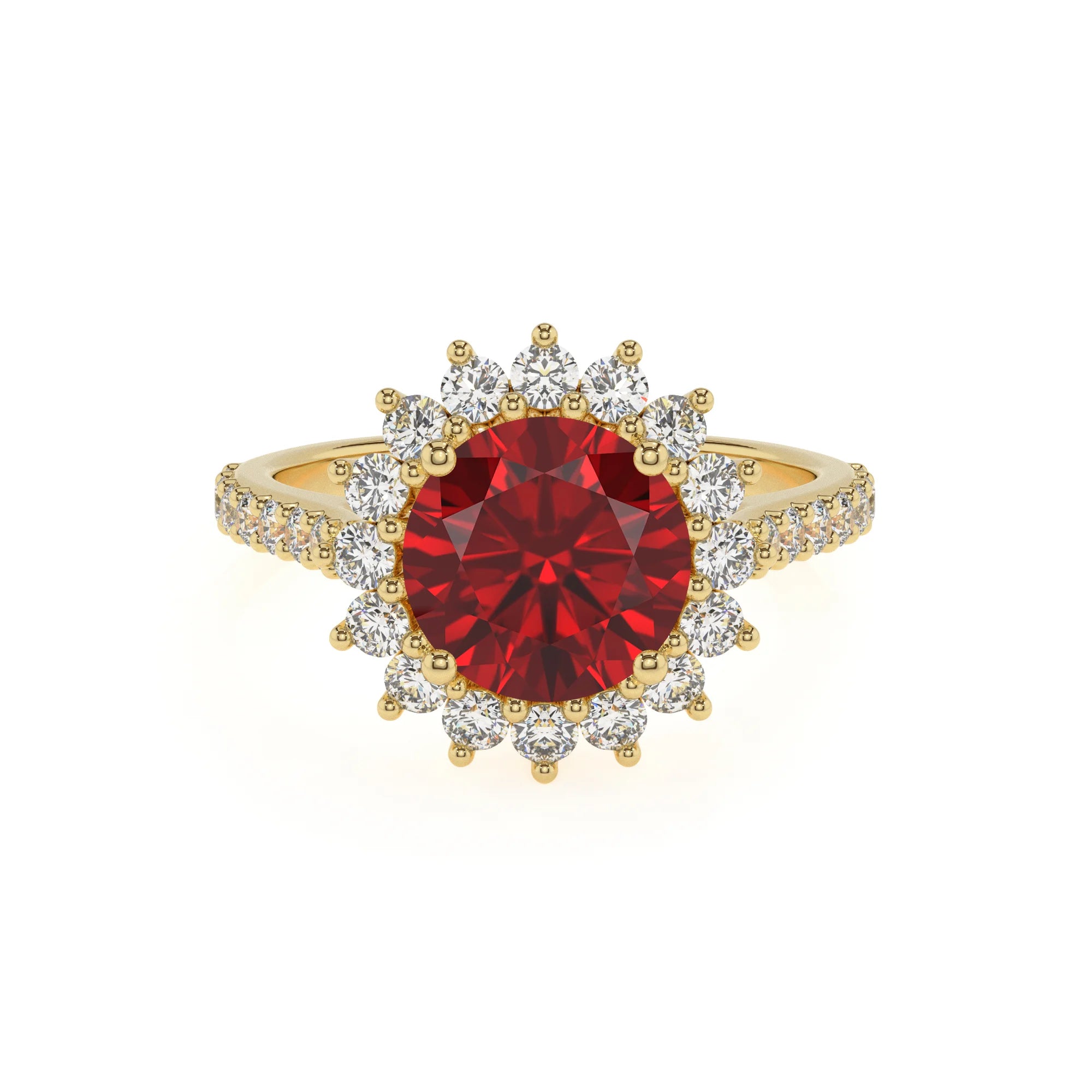 lab grown ruby round solitaire rings in yellow gold 