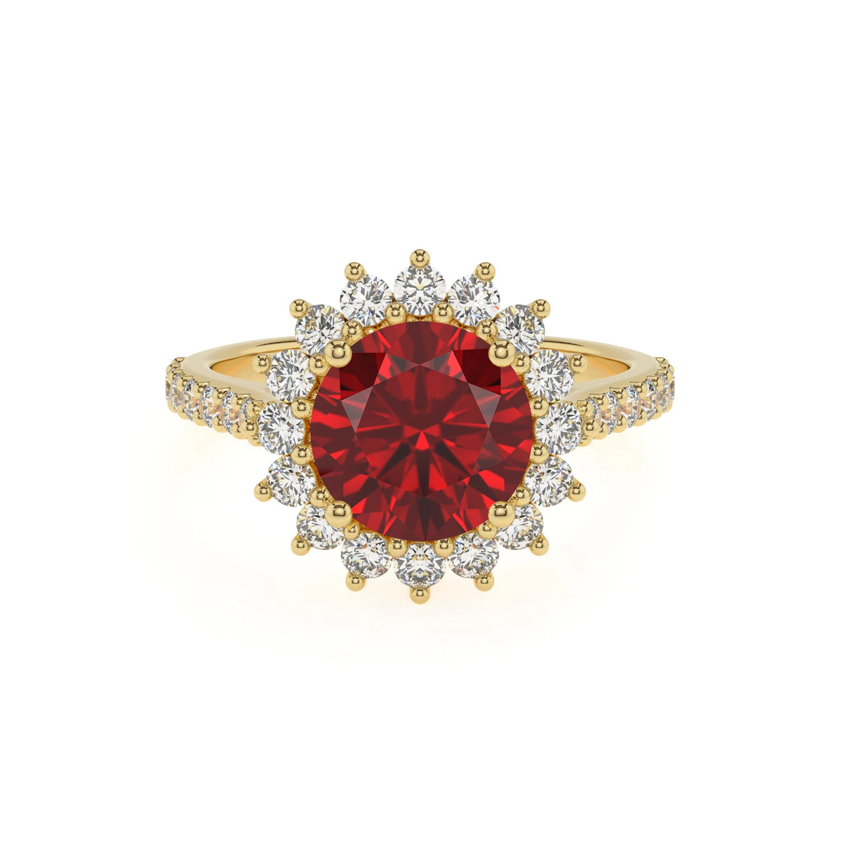 lab grown ruby round solitaire rings in yellow gold 