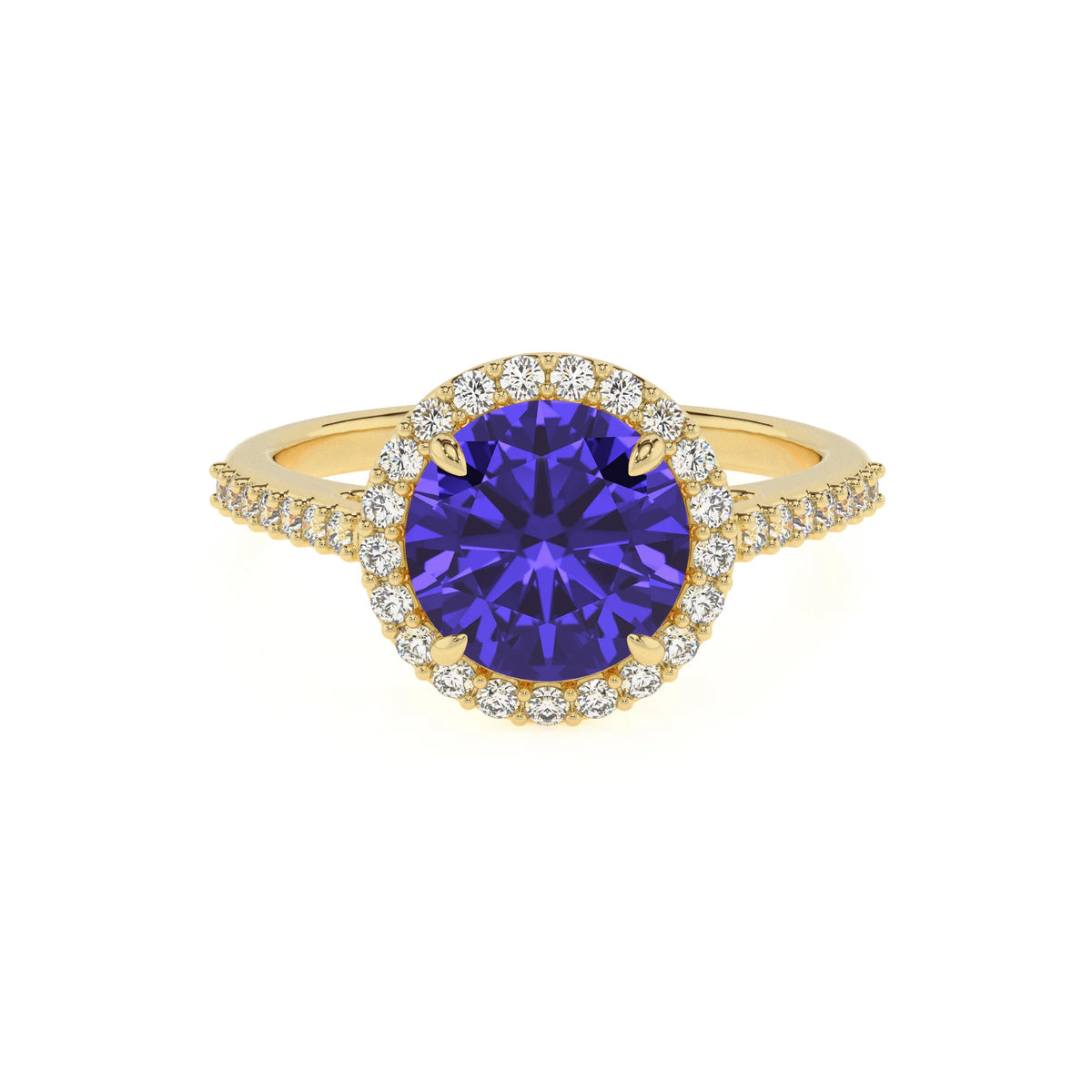 lab grown tanzanite round solitaire rings in yellow gold 