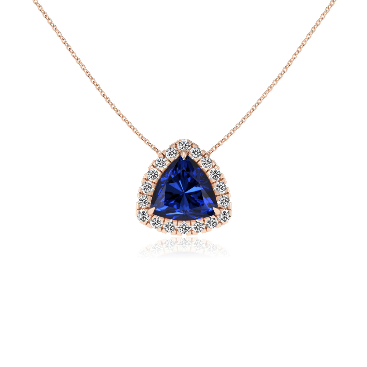 lab grown blue sapphire trillion solitaire necklaces in rose gold 