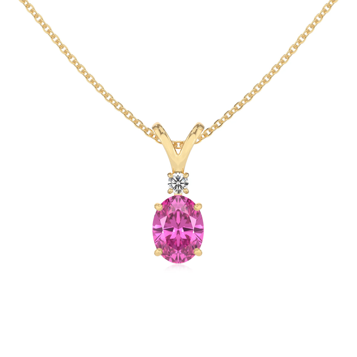 lab grown pink-sapphire oval solitaire v-bale necklaces in yellow gold 