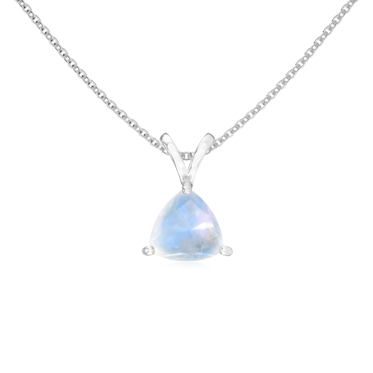 natural rainbow-moonstone trillion solitaire v-bale necklaces in sterling silver 