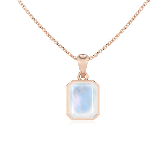 natural rainbow-moonstone emerald cut solitaire necklaces in rose gold 