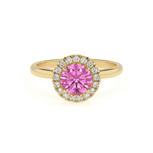 lab grown pink-sapphire round solitaire rings in yellow gold 