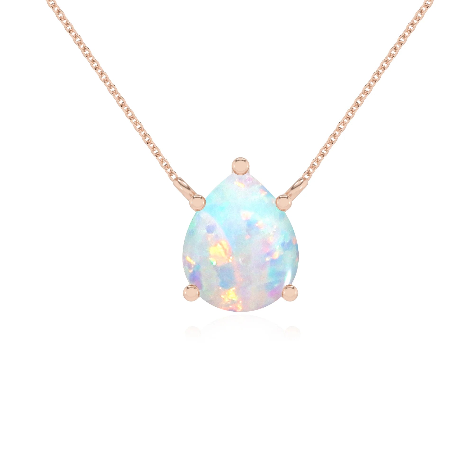 lab grown opal pear solitaire necklaces in rose gold 