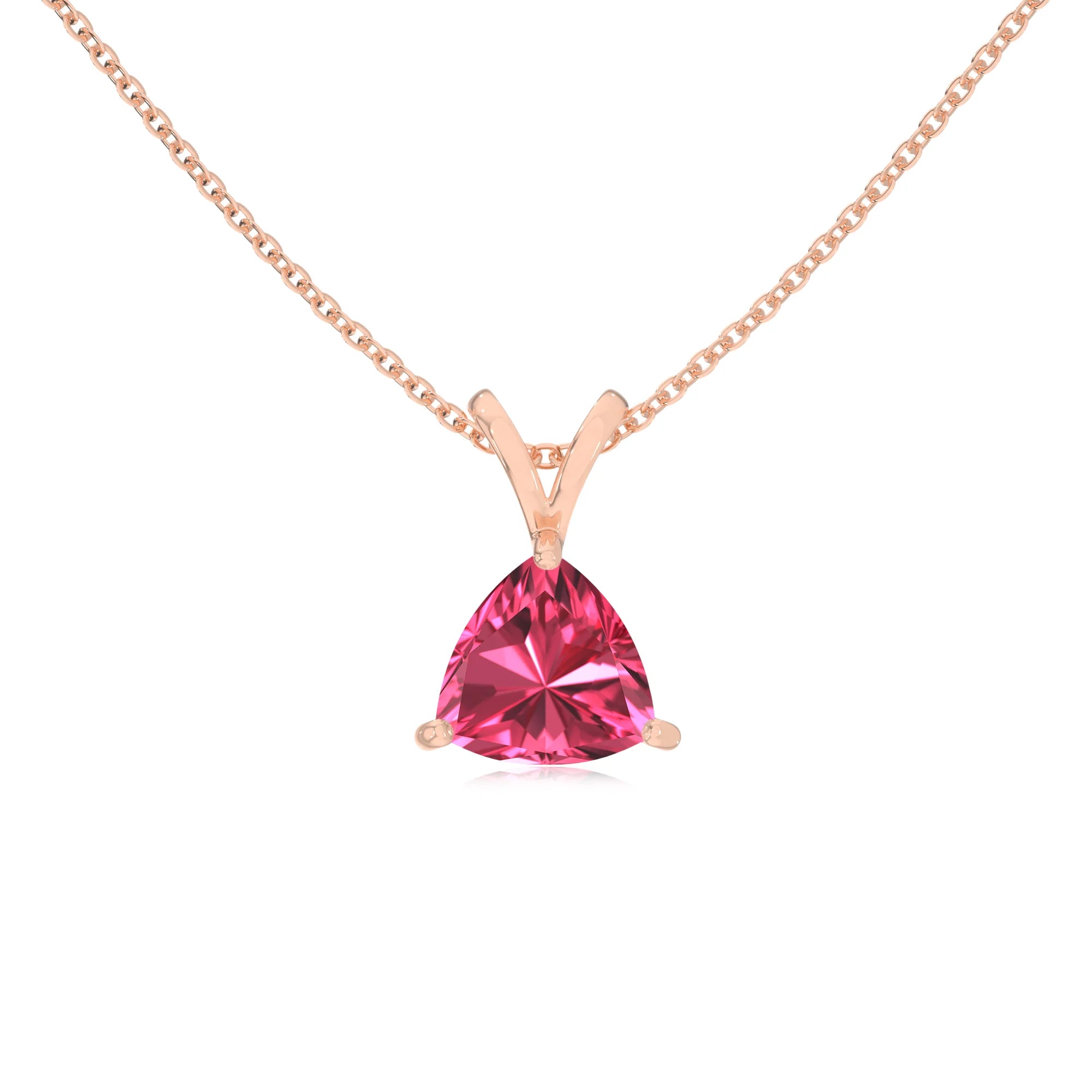 lab grown pink-tourmaline trillion solitaire v-bale necklaces in rose gold 