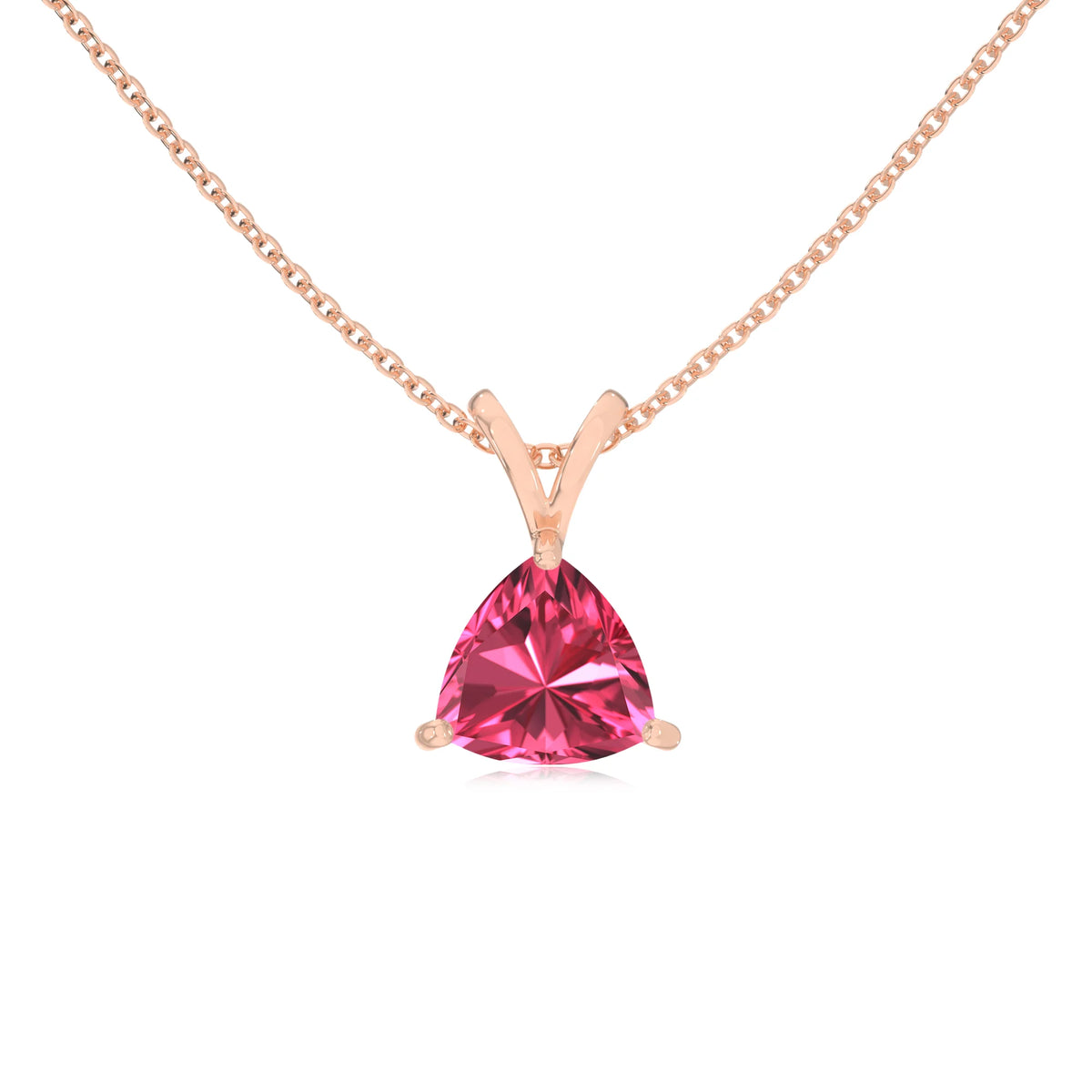 lab grown pink-tourmaline trillion solitaire v-bale necklaces in rose gold 