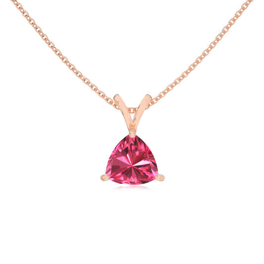 lab grown pink-tourmaline trillion solitaire v-bale necklaces in rose gold 