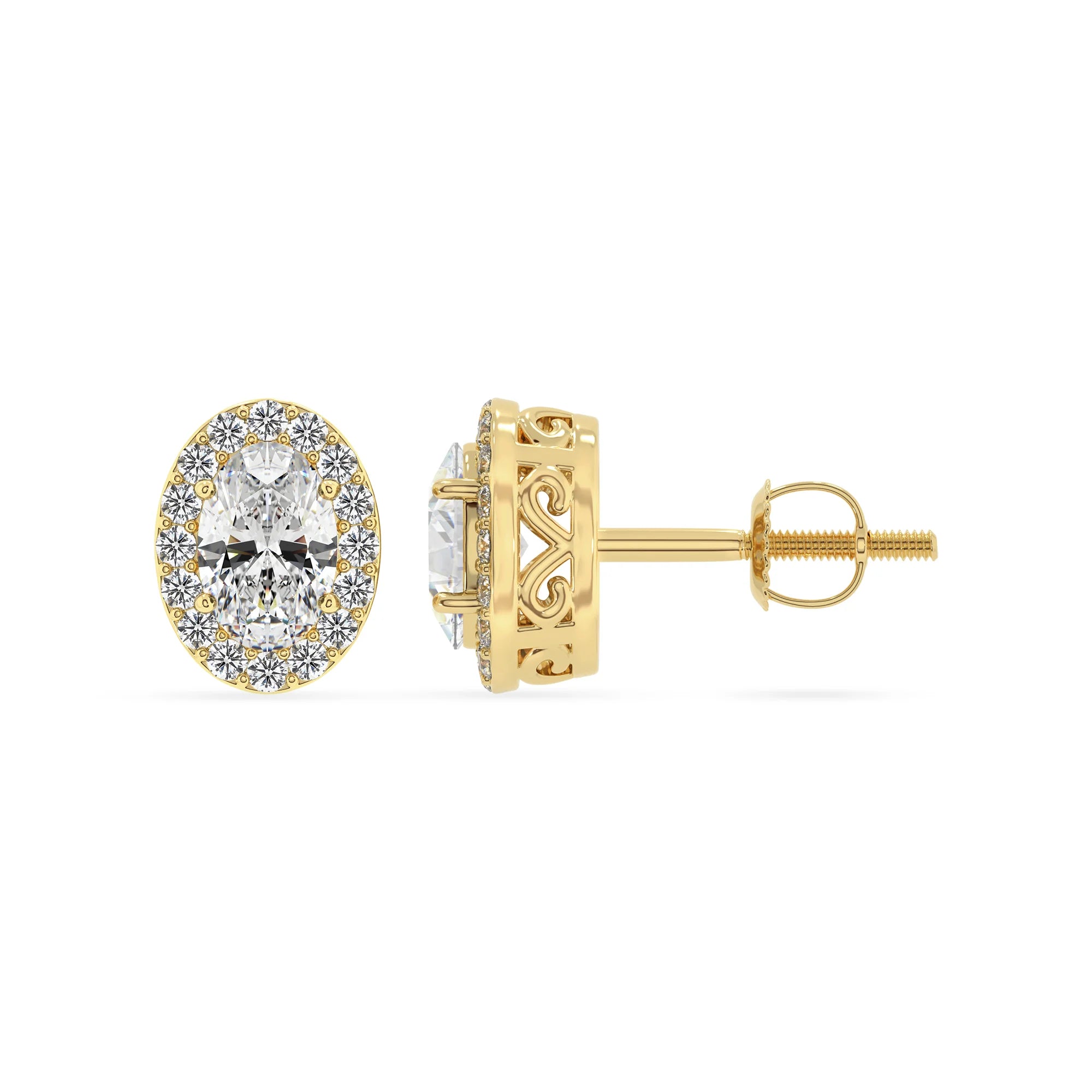 lab grown moissanite oval stud earrings in yellow gold 
