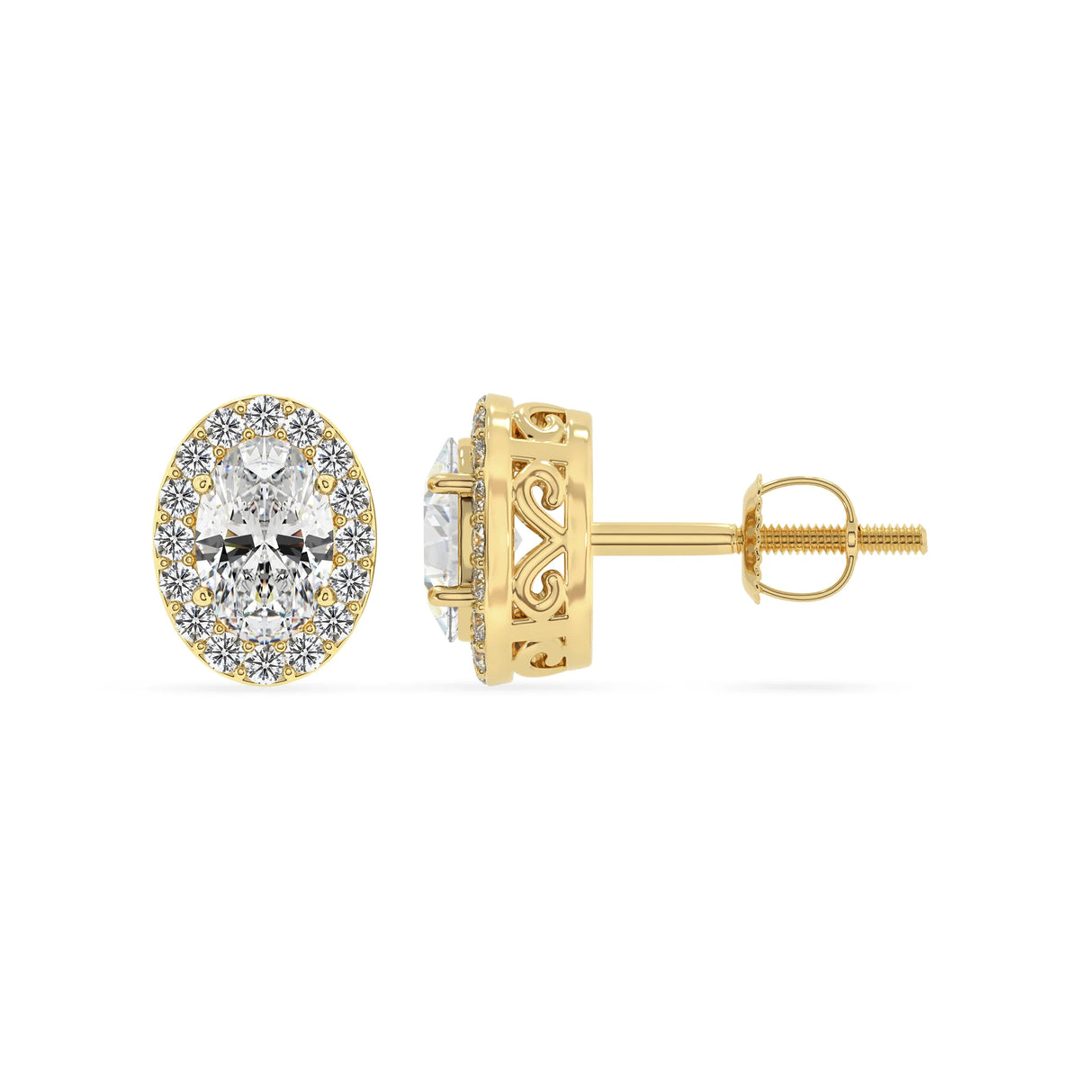lab grown moissanite oval stud earrings in yellow gold 
