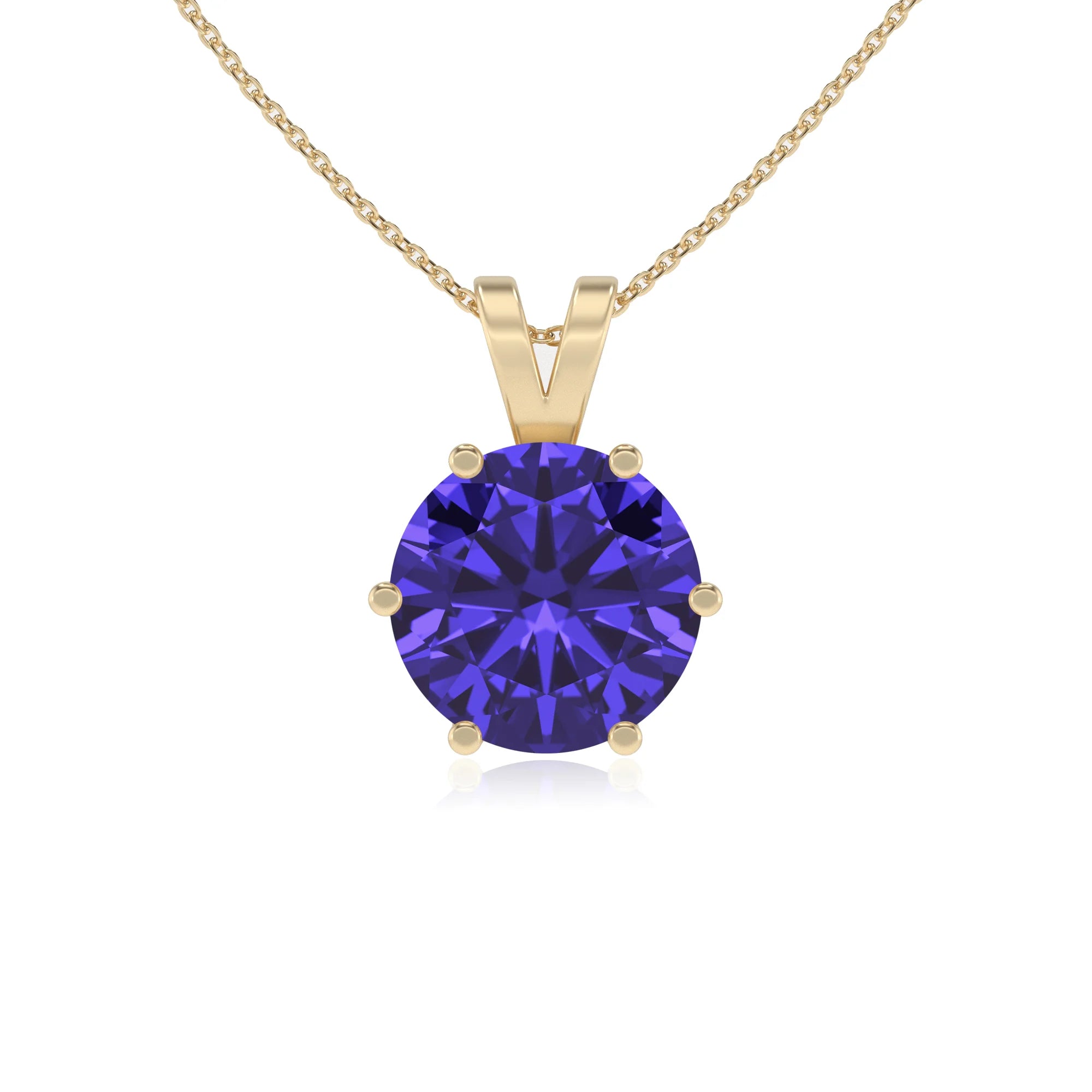 lab grown tanzanite round solitaire v-bale necklaces in yellow gold 