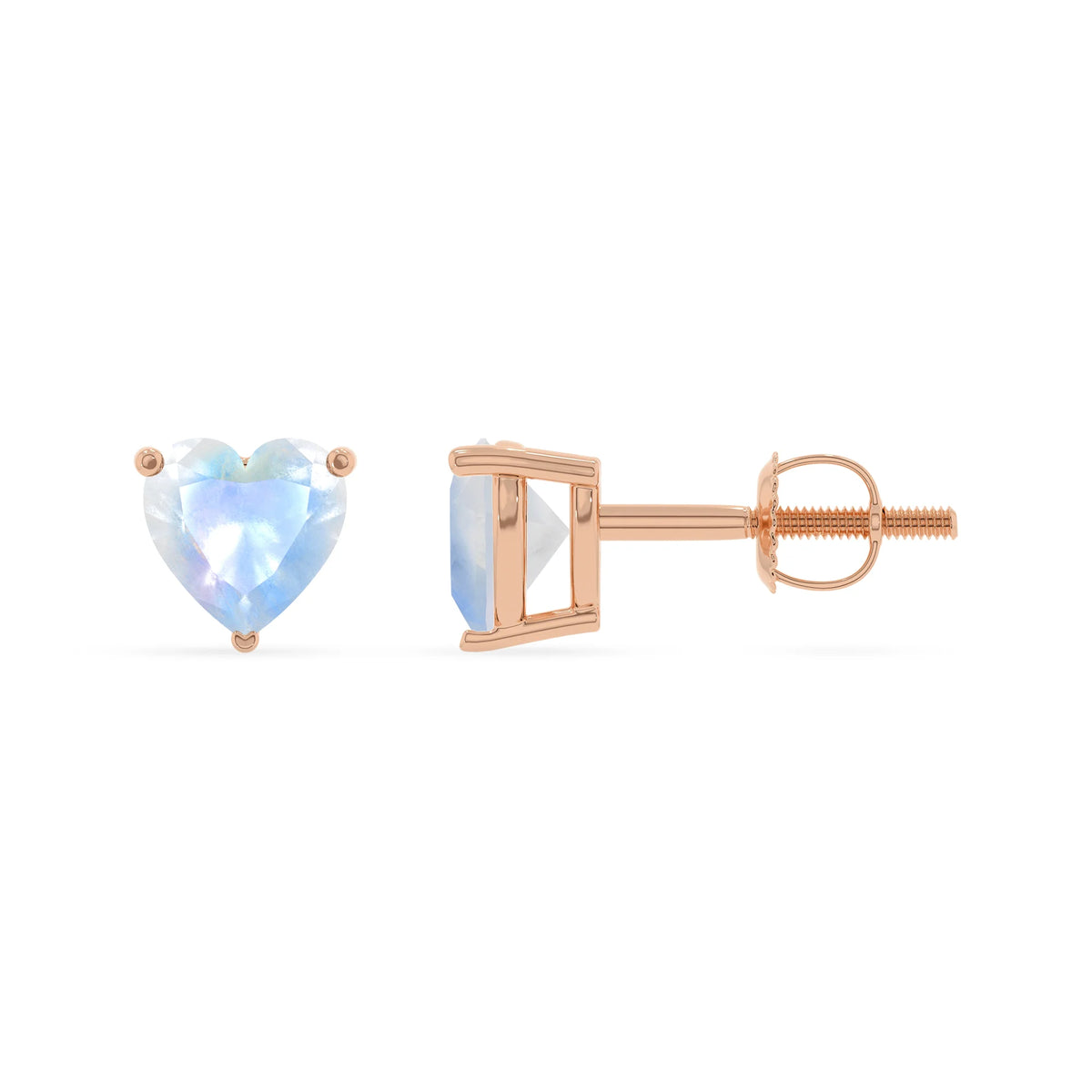 natural rainbow moonstone heart stud earrings in rose gold 