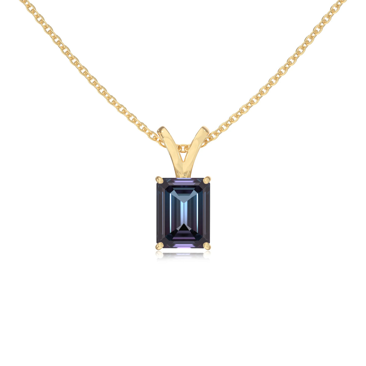 lab grown alexandrite emerald cut solitaire v-bale necklaces in yellow gold 