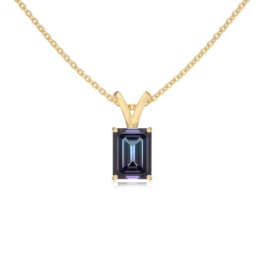 lab grown alexandrite emerald cut solitaire v-bale necklaces in yellow gold 