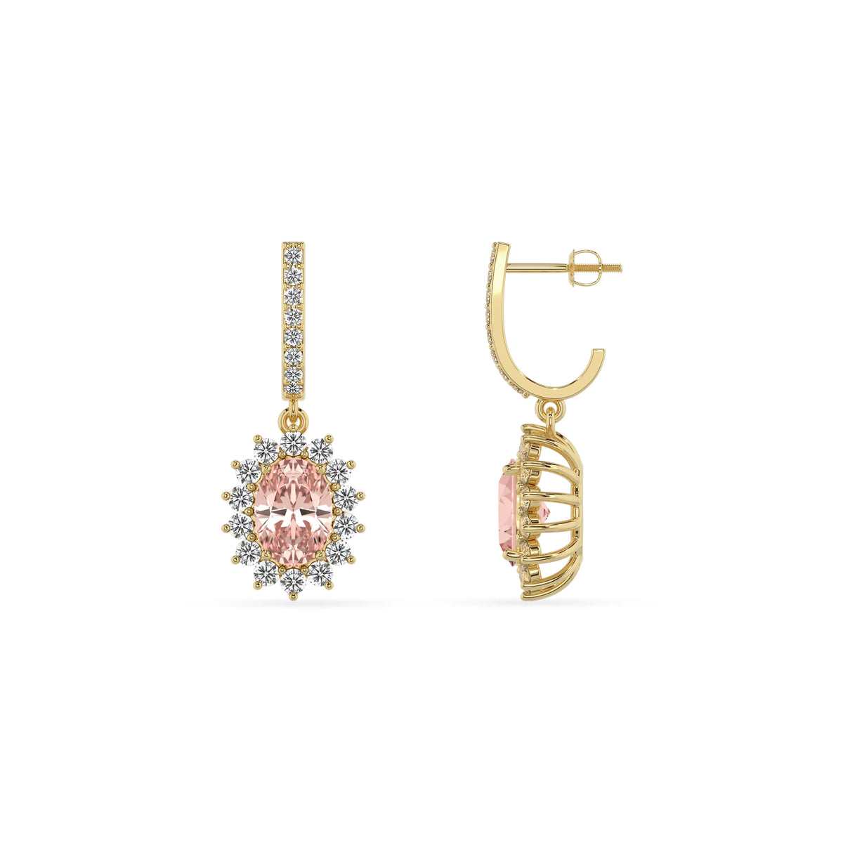 lab grown morganite oval drop earrings in yellow gold 