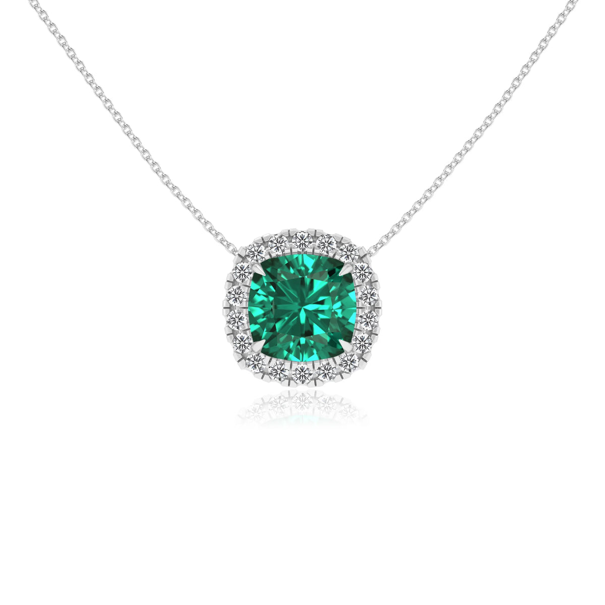 lab grown emerald cushion solitaire necklaces in white gold 